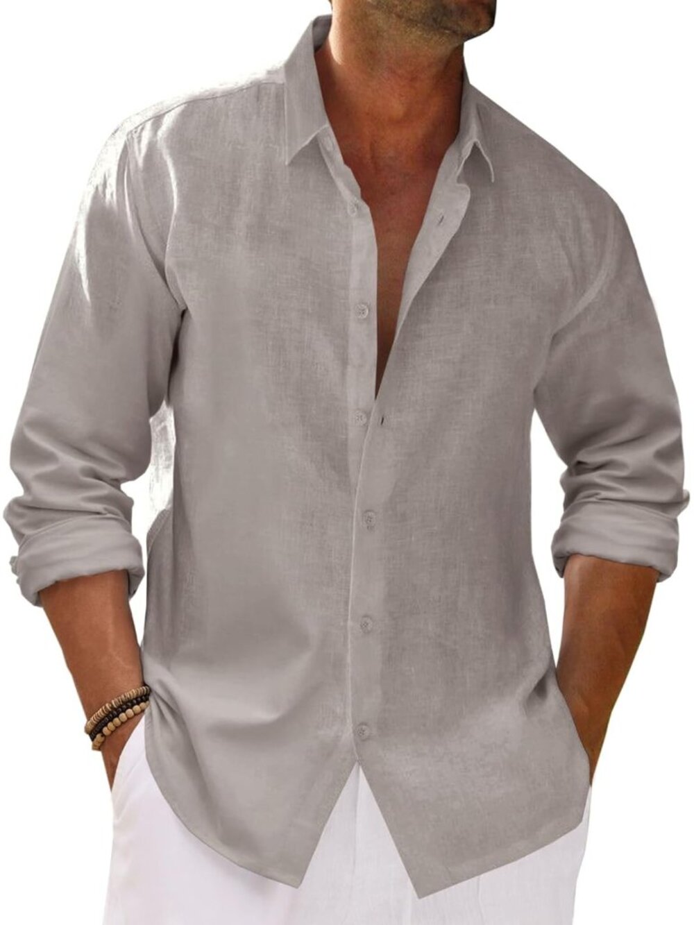 Men's Grey Button Down Cotton Linen Long Sleeve Casual Collared Beach Shirt